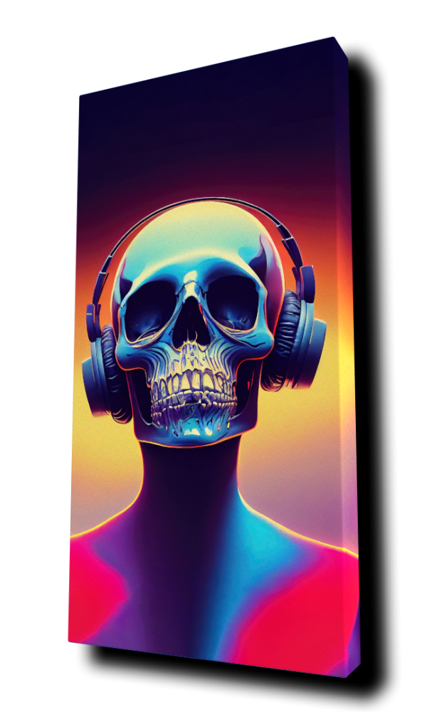 "Cyberpunk Machine Skull 5 w/Headphones" - by Alivecat5 - Portrait Canvas Art Print