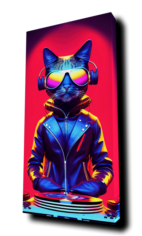 "DJ Cat w/Headphones 4" - by Alivecat5 - Portrait Canvas Art Print