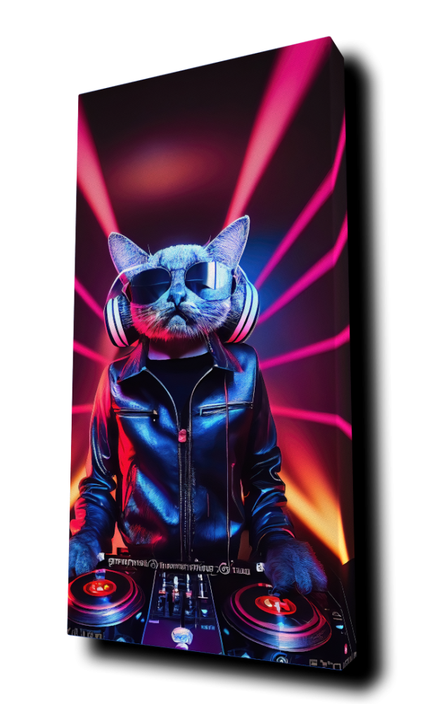 "DJ Cat w/Headphones 5" - by Alivecat5 - Portrait Canvas Art Print