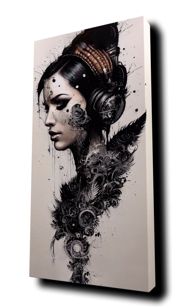 "Intricate DJ Woman w/Headphones" - by Alivecat5 - Portrait Canvas Art Print